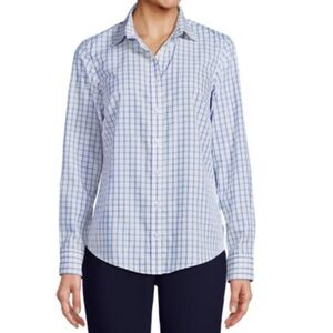 LANDS END Blue & White Checkered No Iron Supima Cotton Button Down Shirt 12 NWOT